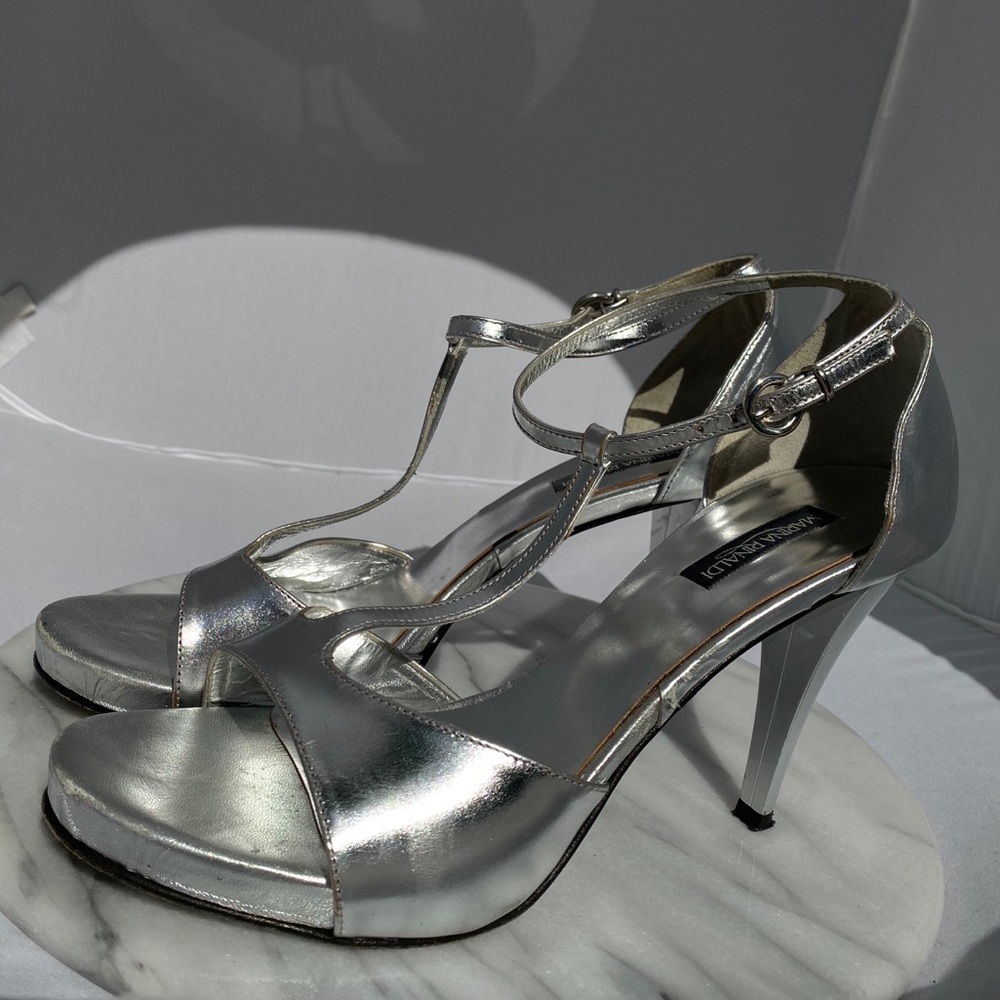 Marina Rinaldi Silver Platform Heels T-Strap Y2K Vintage